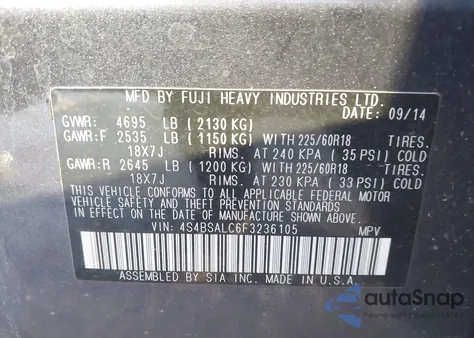 2015 Subaru Outback 2.5I Limited из США, поврежденный, VIN 4S4BSALC6F3236105